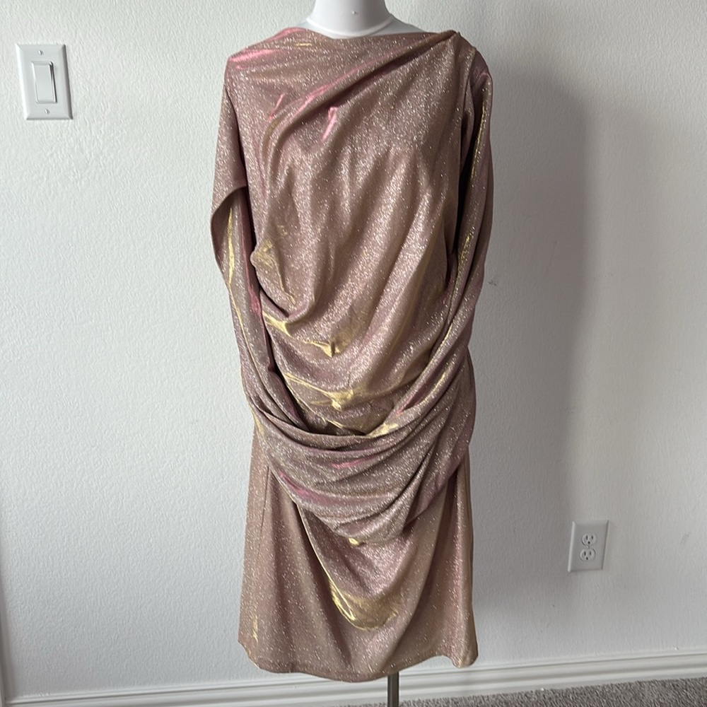Betsy & Adam Gold and Pink Ruched Sheath Midi Dress - Picture 5 of 14
